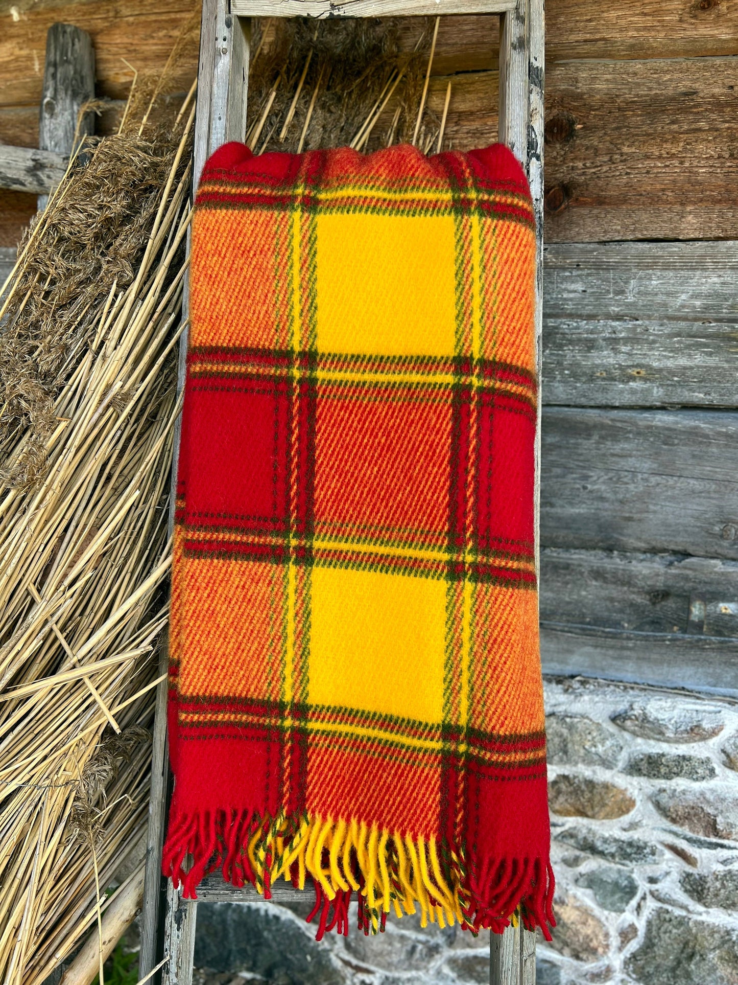 Red Orange Checkered Wool Throw Blanket Plaid - 100% New Zealand Wool (55" x 80")