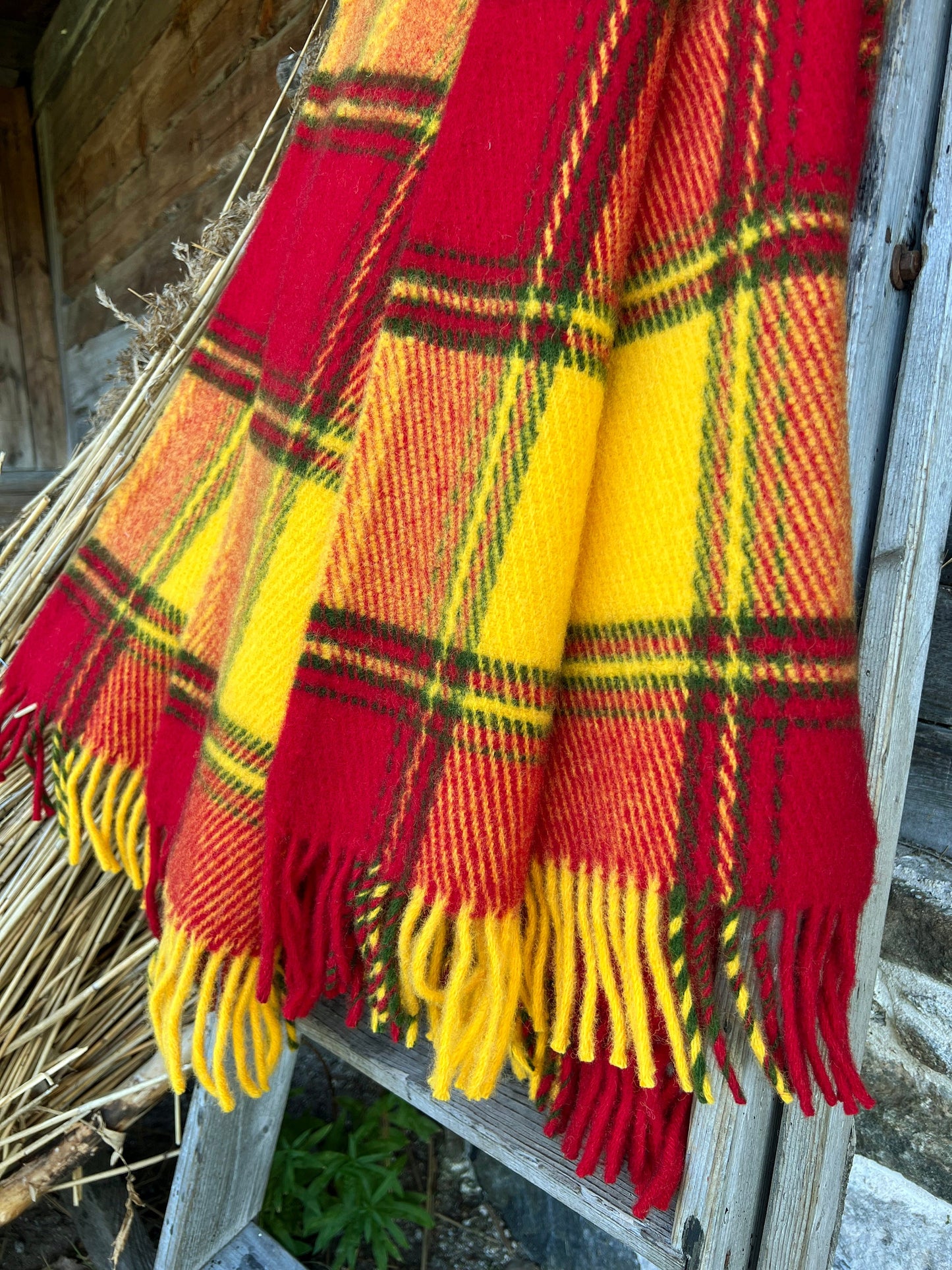 Red Orange Checkered Wool Throw Blanket Plaid - 100% New Zealand Wool (55" x 80")