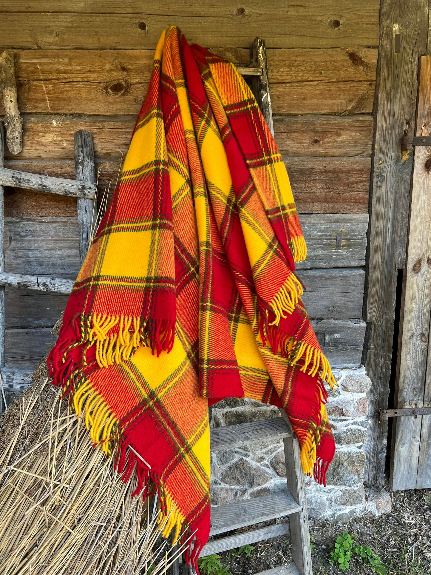 Red Orange Checkered Wool Throw Blanket Plaid - 100% New Zealand Wool (55" x 80")