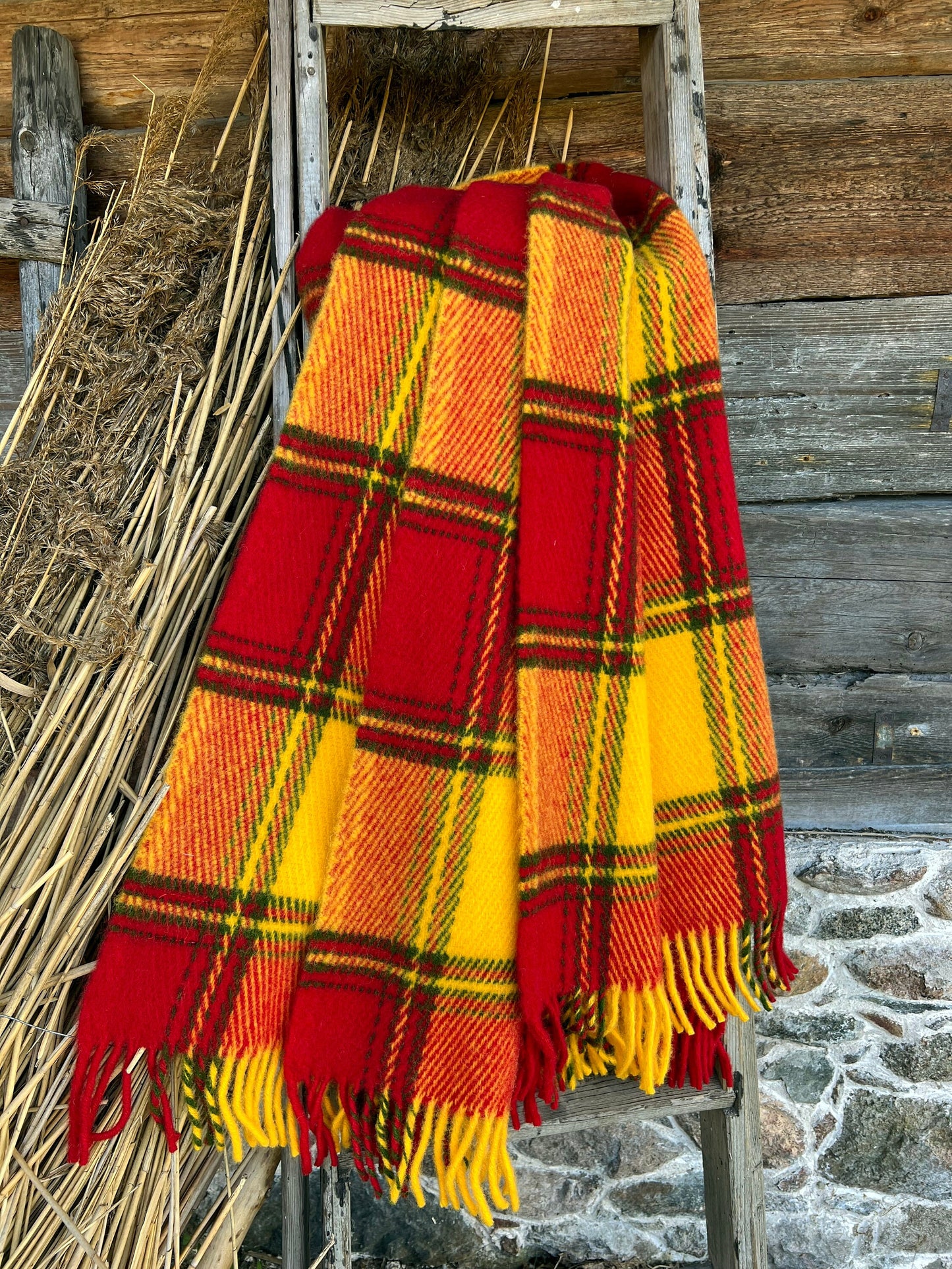 Red Orange Checkered Wool Throw Blanket Plaid - 100% New Zealand Wool (55" x 80")