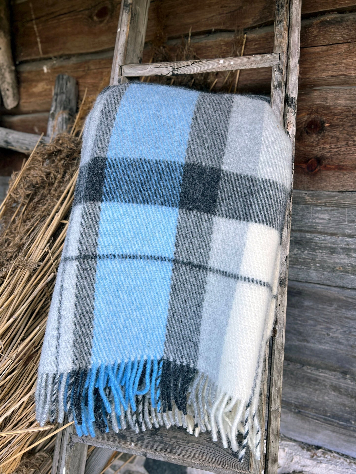 Light Blue Gray Checkered Wool Throw Blanket Plaid - 100% New Zealand Wool (55" x 80")