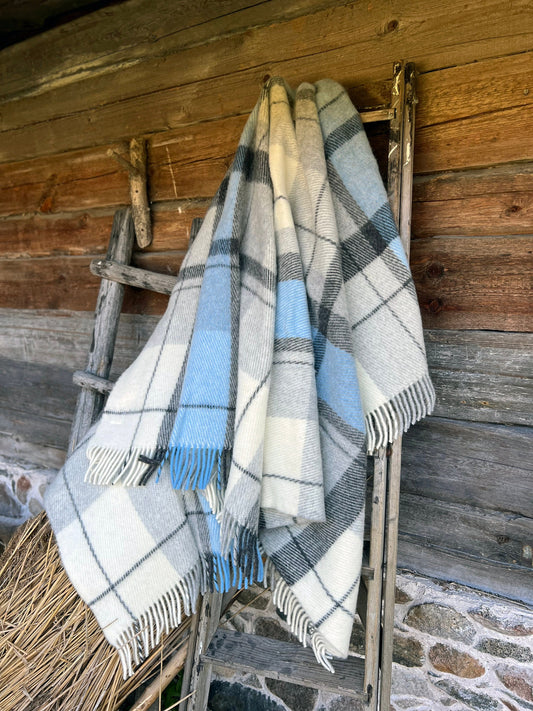 Light Blue Gray Checkered Wool Throw Blanket Plaid - 100% New Zealand Wool (55" x 80")