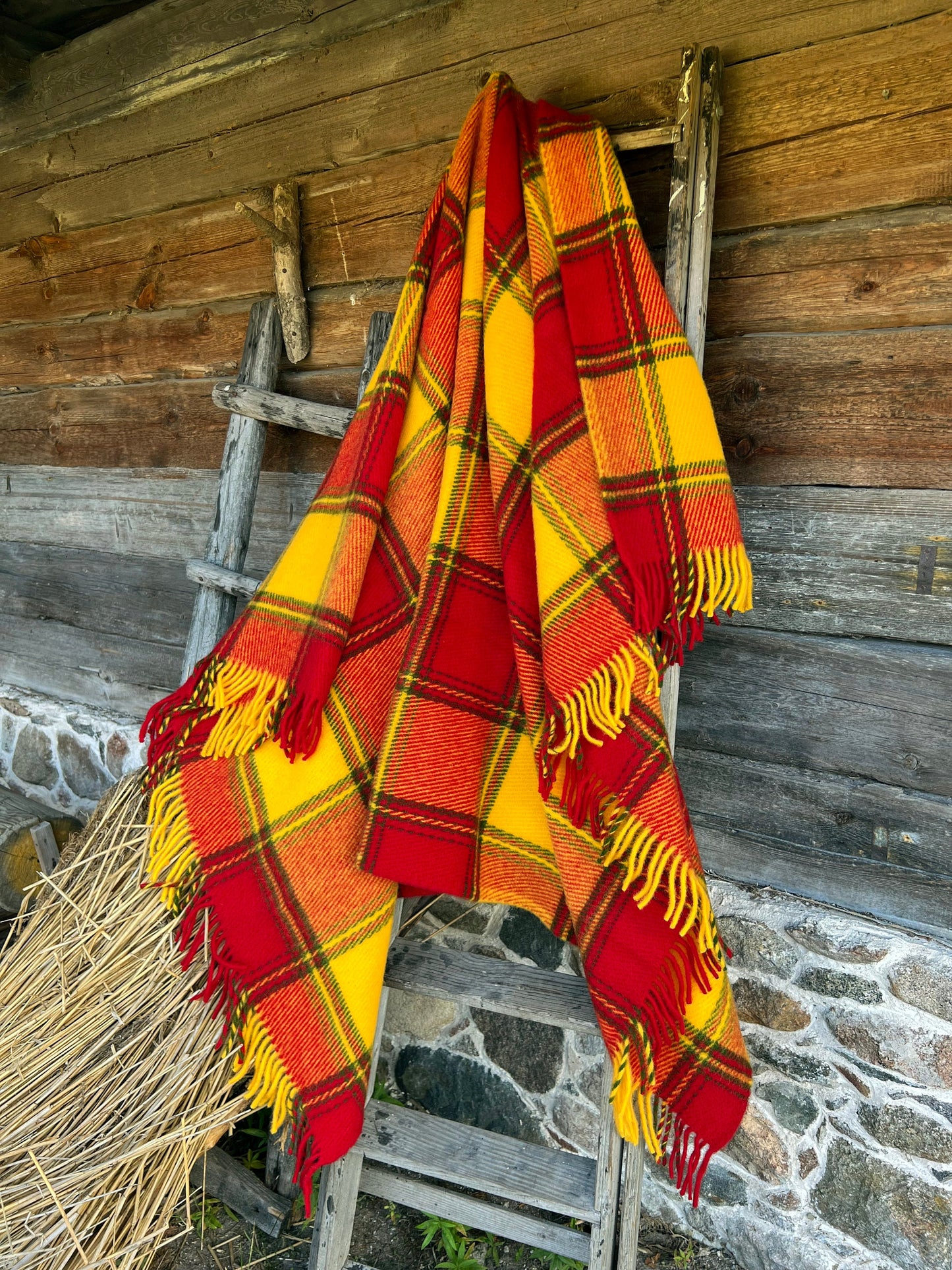 Red Orange Checkered Wool Throw Blanket Plaid - 100% New Zealand Wool (55" x 80")