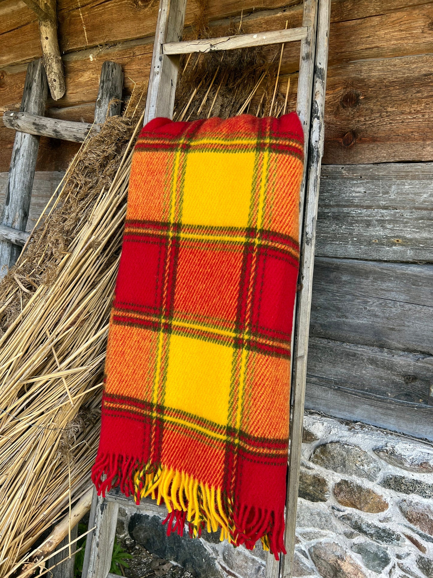 Red Orange Checkered Wool Throw Blanket Plaid - 100% New Zealand Wool (55" x 80")