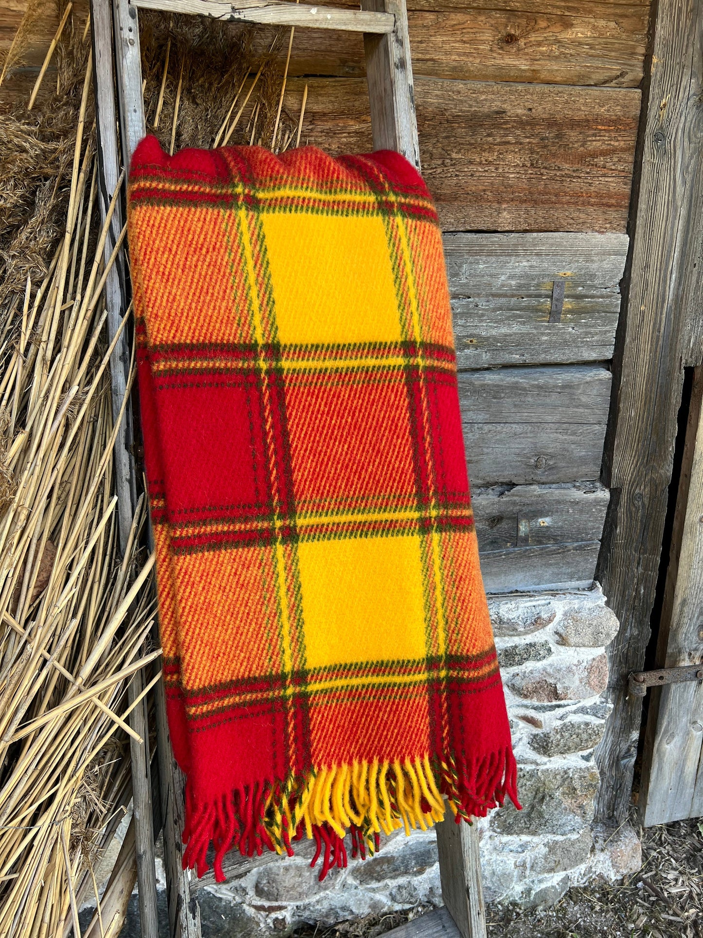 Red Orange Checkered Wool Throw Blanket Plaid - 100% New Zealand Wool (55" x 80")