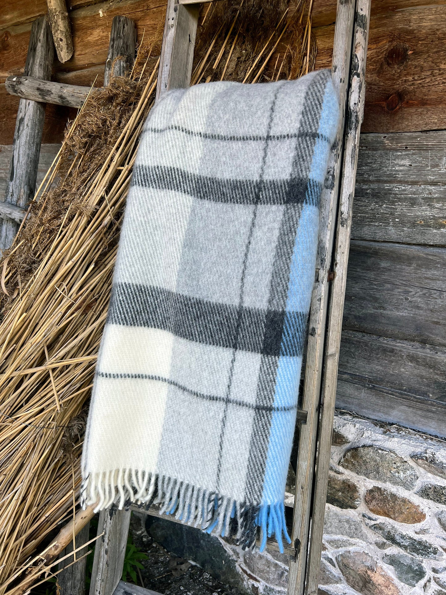 Light Blue Gray Checkered Wool Throw Blanket Plaid - 100% New Zealand Wool (55" x 80")