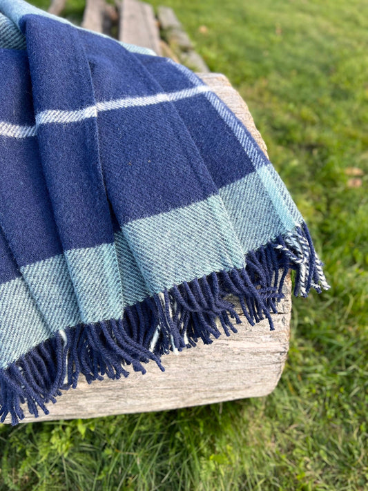 Blue Checkered Wool Throw Blanket Plaid- 100% New Zealand Wool (55" x 80")