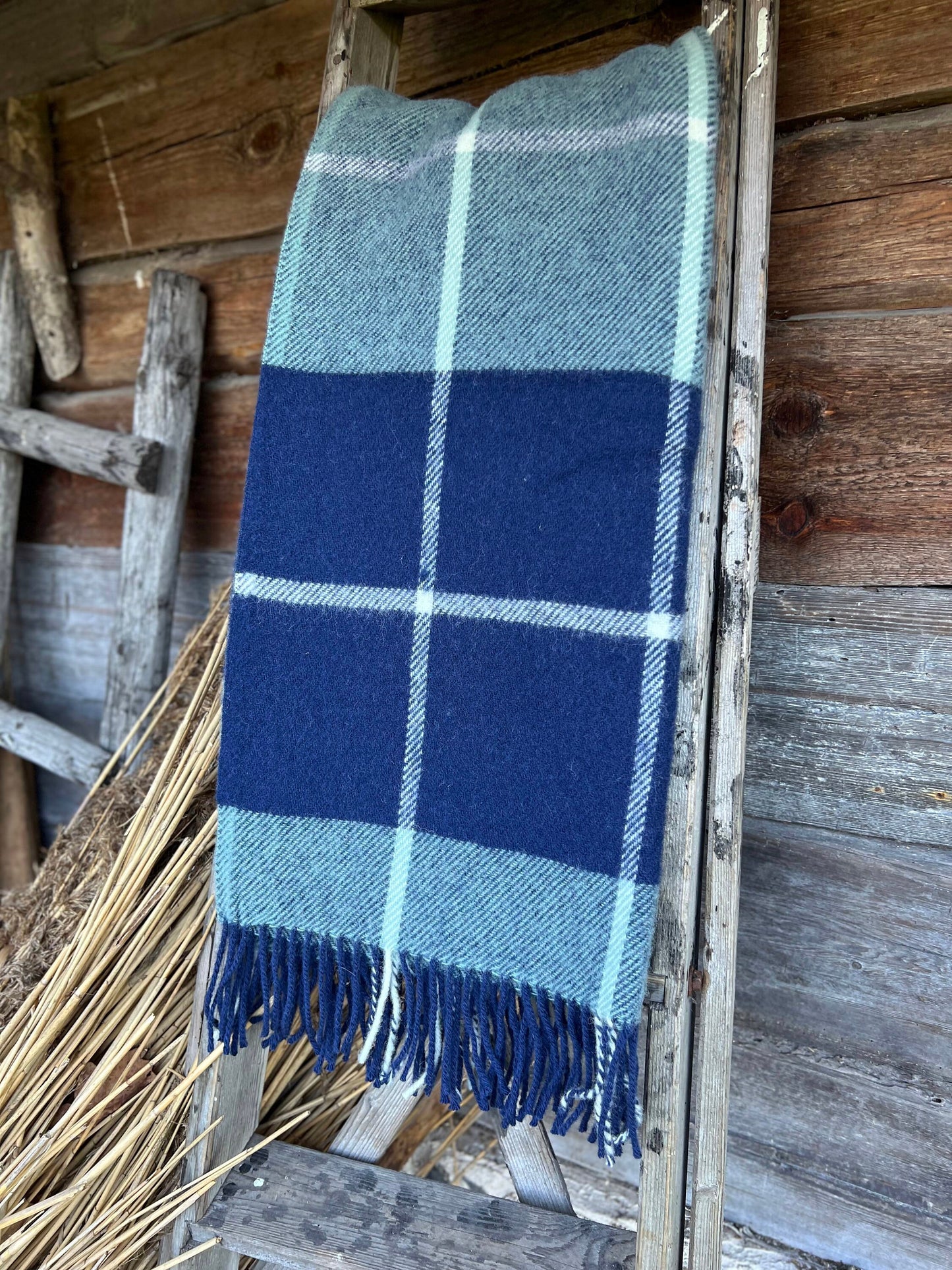 Blue Checkered Wool Throw Blanket Plaid- 100% New Zealand Wool (55" x 80")