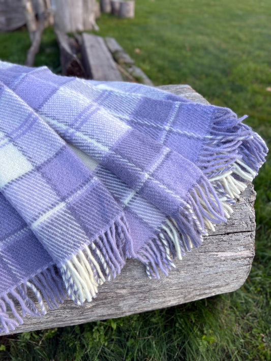 Purple Lavender Lilac Checkered Wool Throw Blanket Plaid- 100% New Zealand Wool (55" x 80")