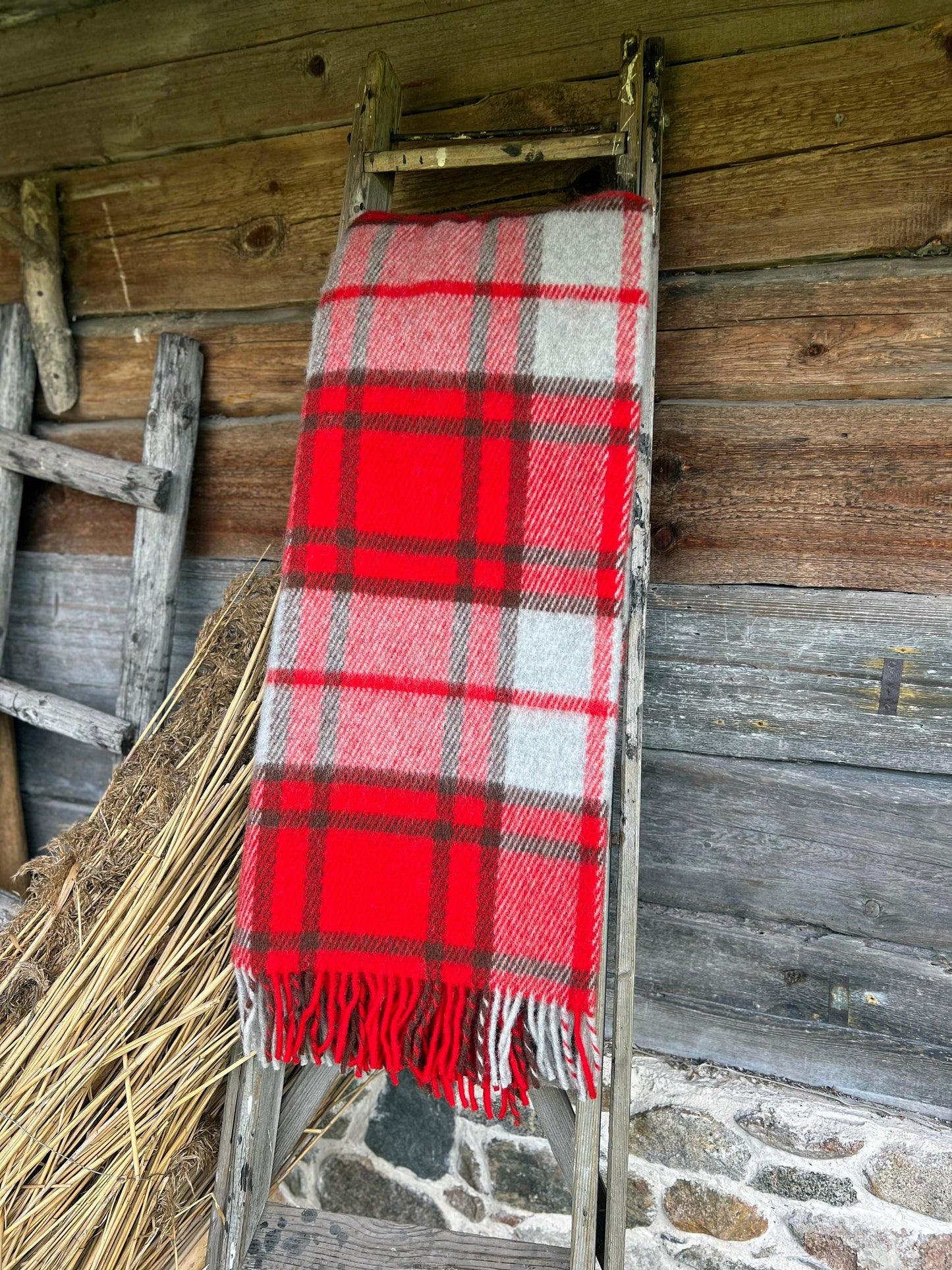 Red Checkered Wool Throw Blanket Plaid- 100% New Zealand Wool (55" x 80")