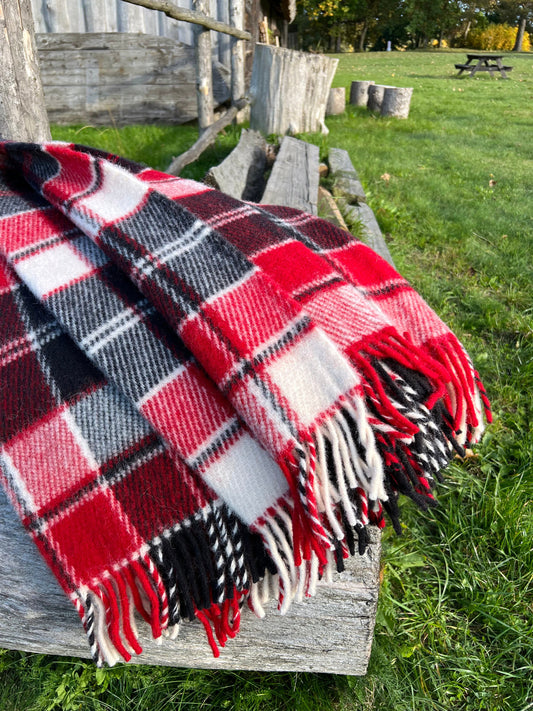 Red Black Checkered Wool Throw Blanket Plaid- 100% New Zealand Wool (55" x 80")