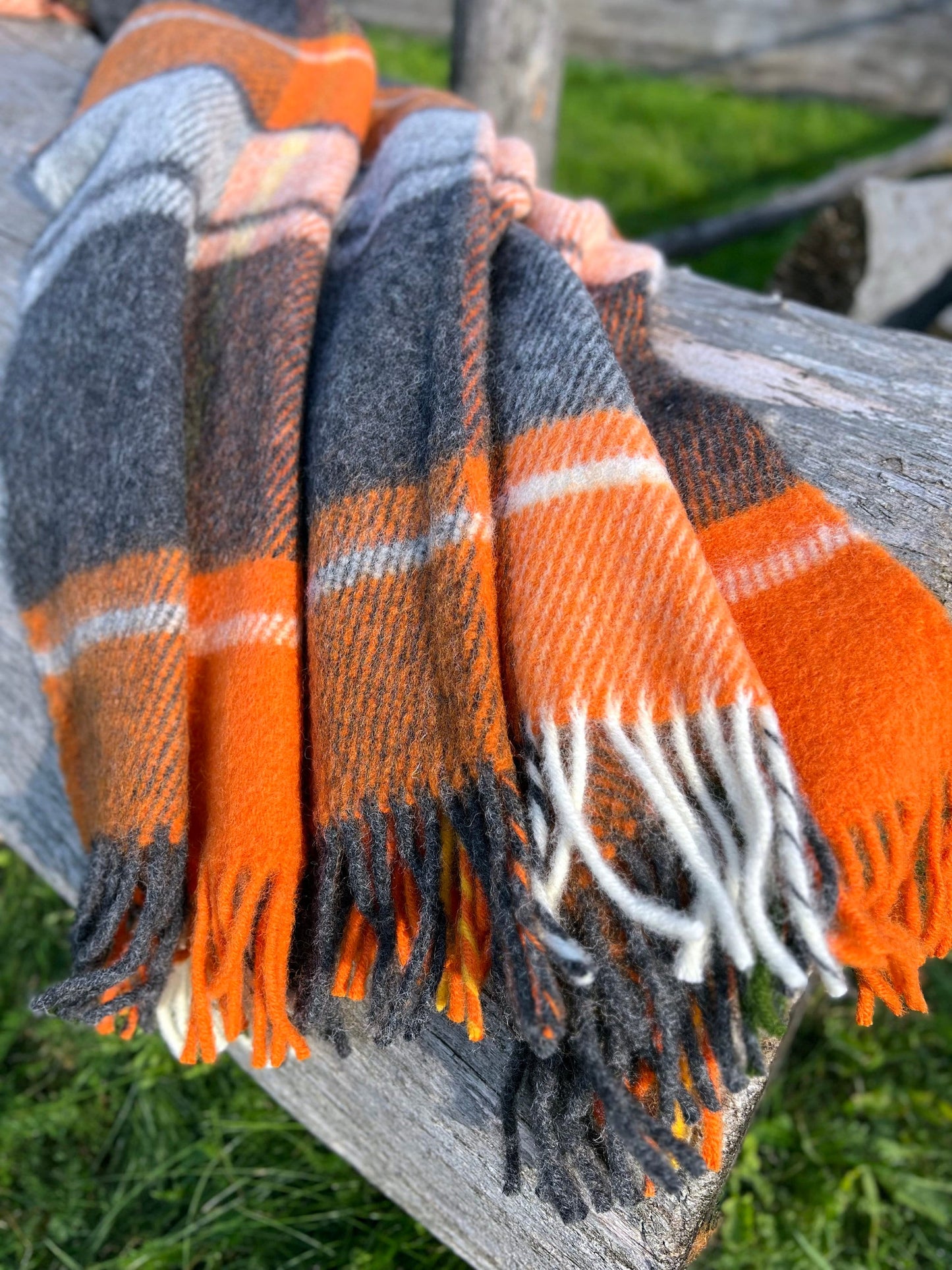 Orange Gray Checkered Wool Throw Blanket Plaid- 100% New Zealand Wool (55" x 80")