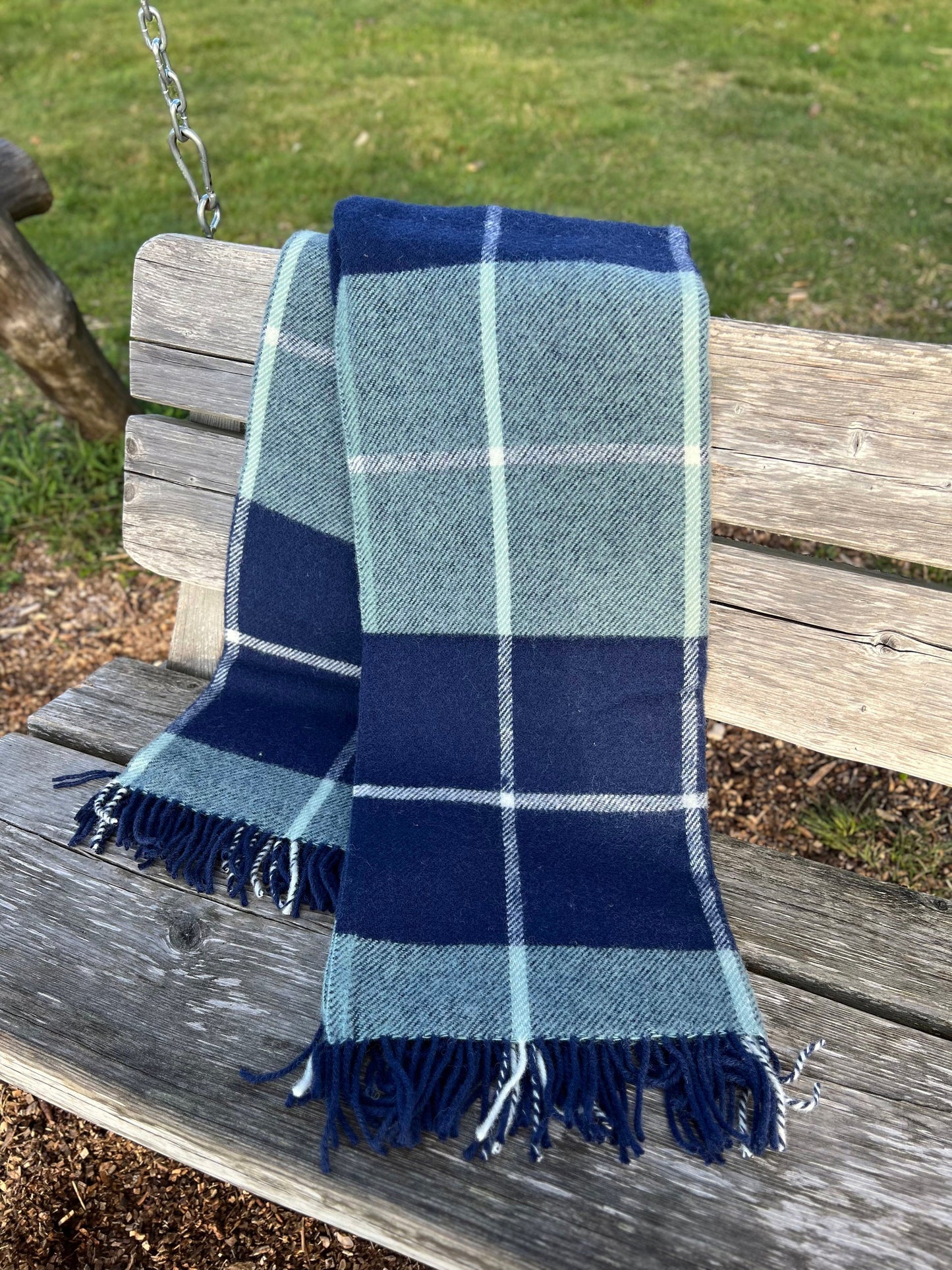 Blue Checkered Wool Throw Blanket Plaid- 100% New Zealand Wool (55" x 80")