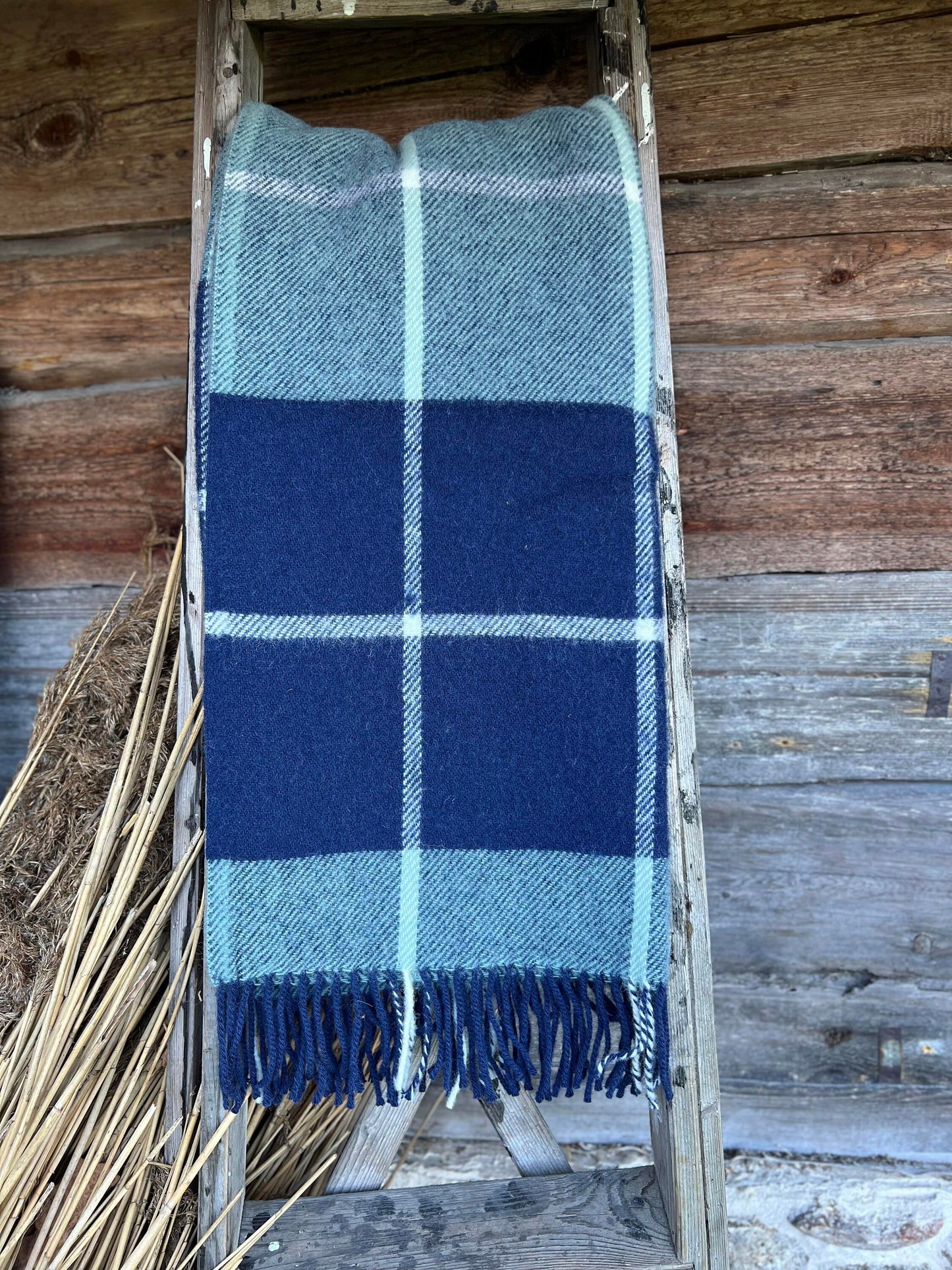 Blue Checkered Wool Throw Blanket Plaid- 100% New Zealand Wool (55" x 80")