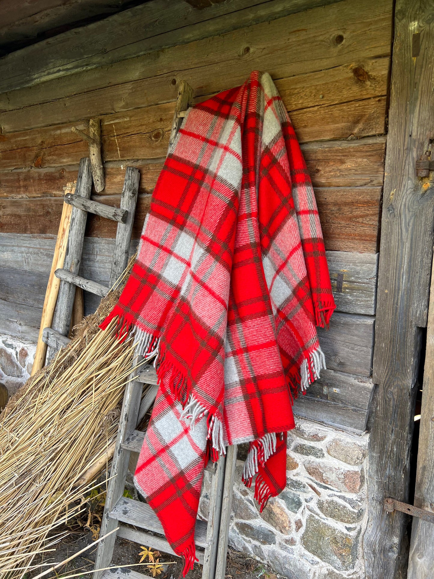 Red Checkered Wool Throw Blanket Plaid- 100% New Zealand Wool (55" x 80")