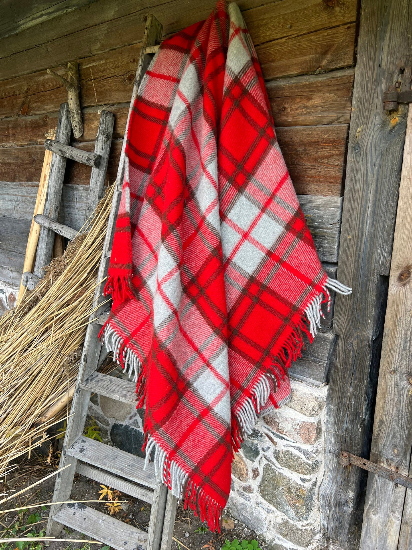 Red Checkered Wool Throw Blanket Plaid- 100% New Zealand Wool (55" x 80")