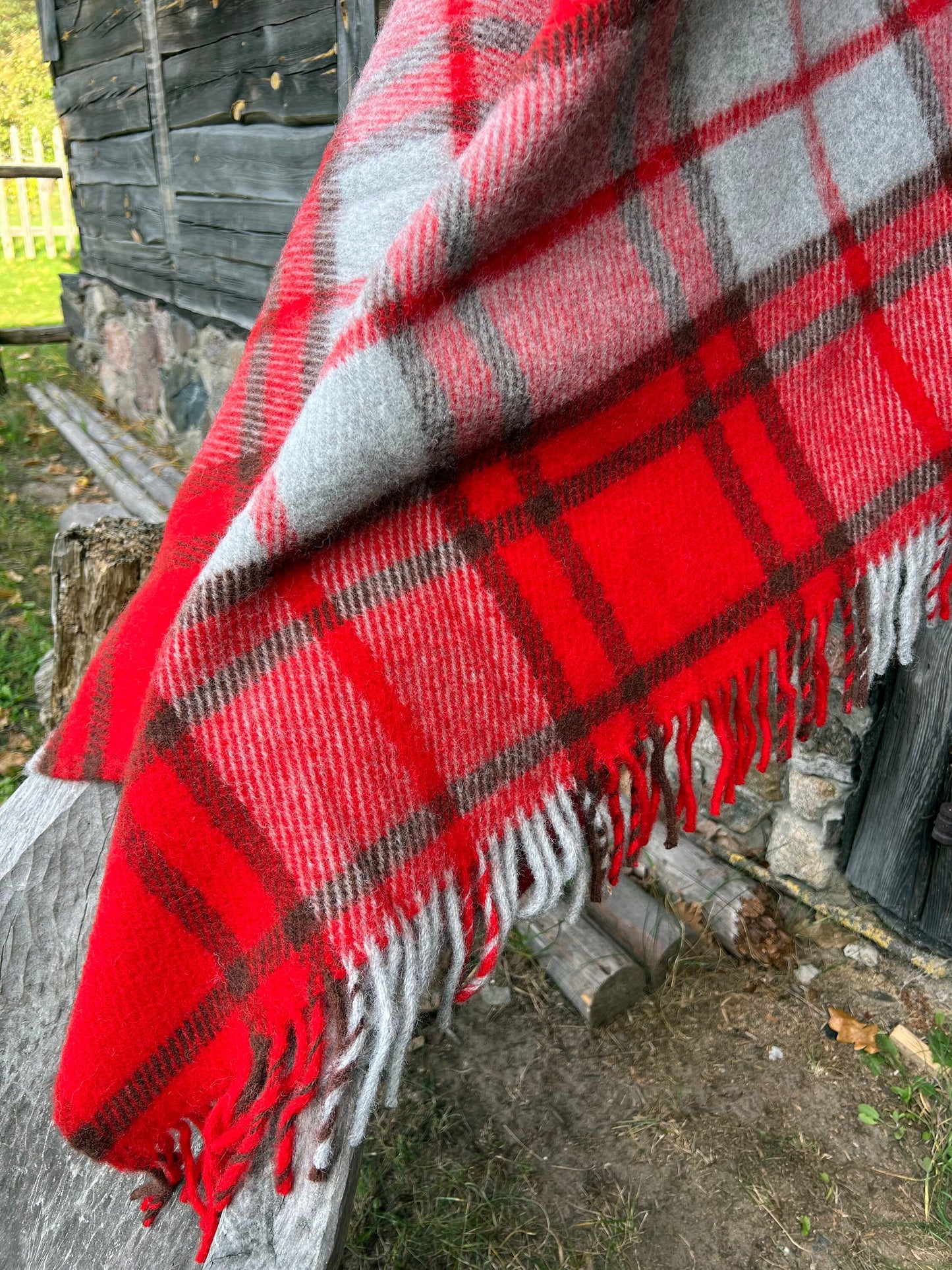 Red Checkered Wool Throw Blanket Plaid- 100% New Zealand Wool (55" x 80")