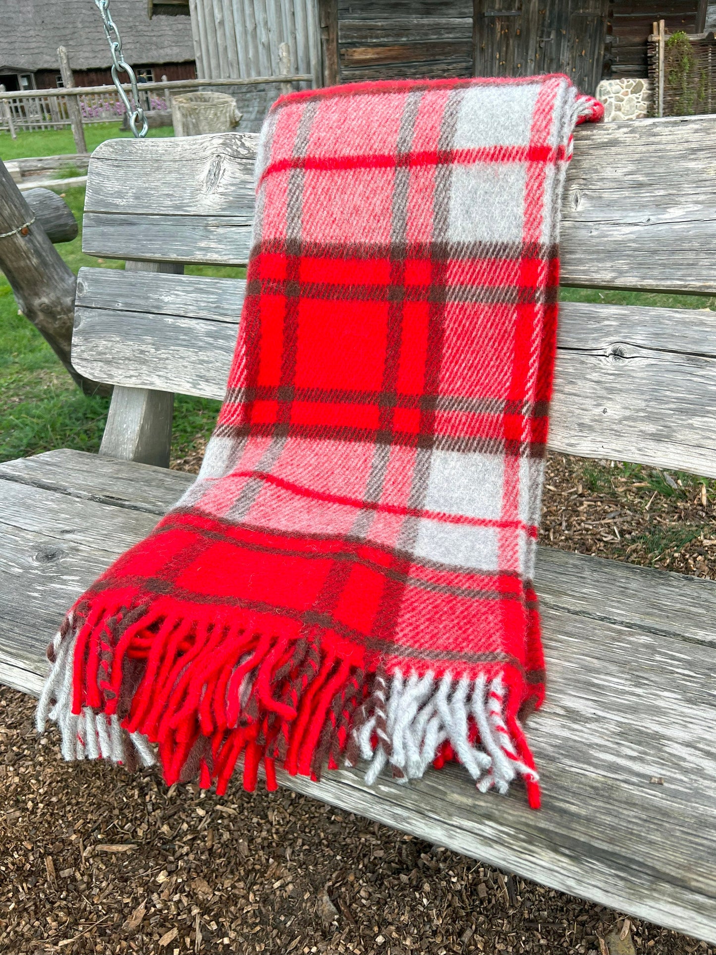 Red Checkered Wool Throw Blanket Plaid- 100% New Zealand Wool (55" x 80")