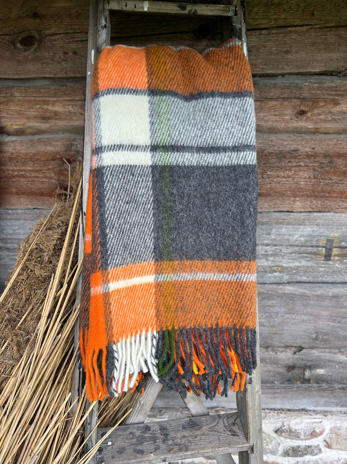 Orange Gray Checkered Wool Throw Blanket Plaid- 100% New Zealand Wool (55" x 80")