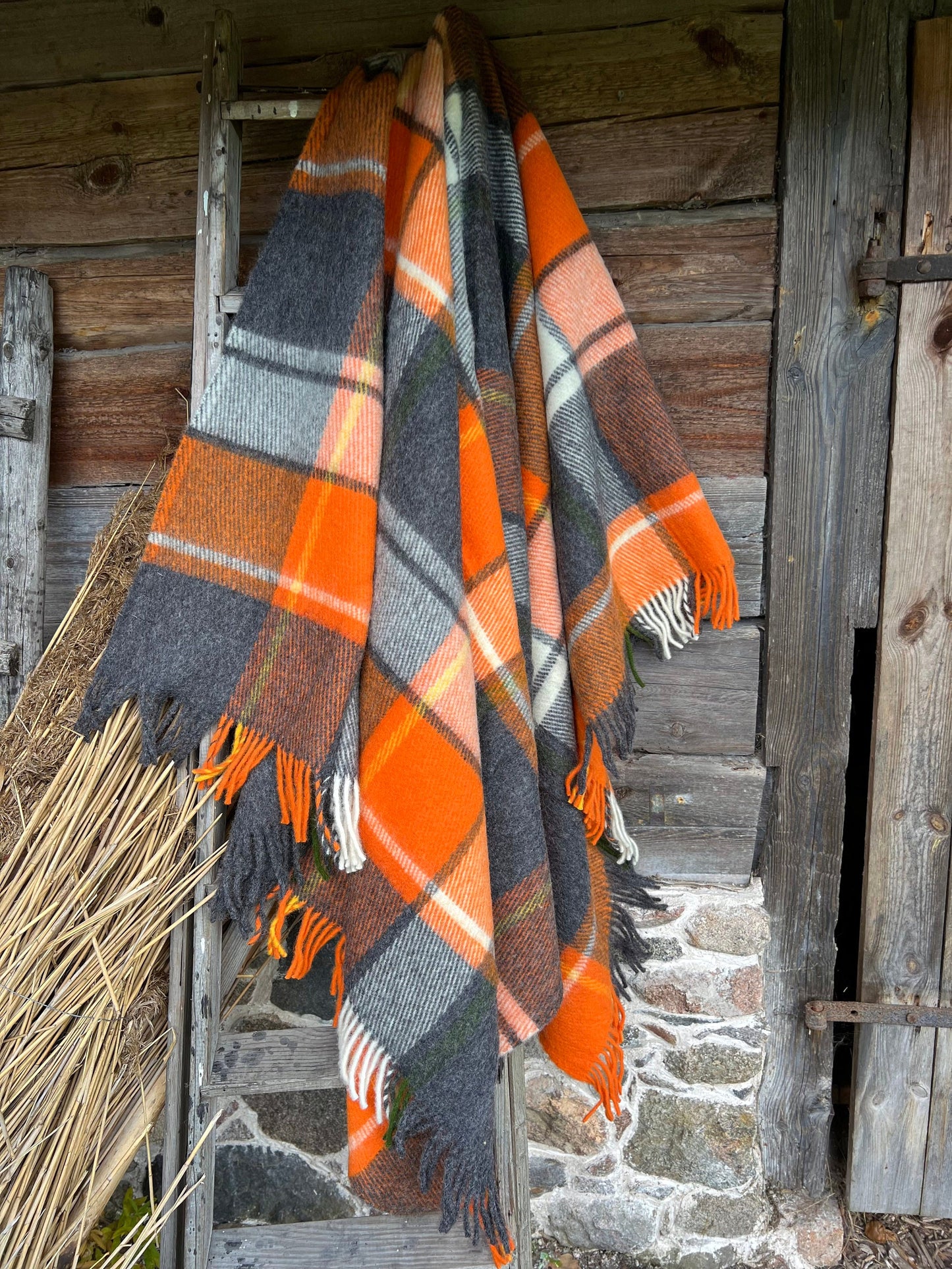 Orange Gray Checkered Wool Throw Blanket Plaid- 100% New Zealand Wool (55" x 80")