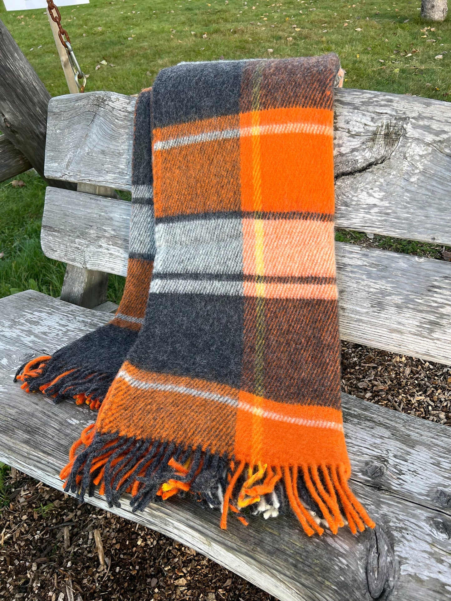 Orange Gray Checkered Wool Throw Blanket Plaid- 100% New Zealand Wool (55" x 80")