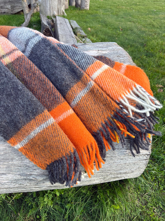 Orange Gray Checkered Wool Throw Blanket Plaid- 100% New Zealand Wool (55" x 80")